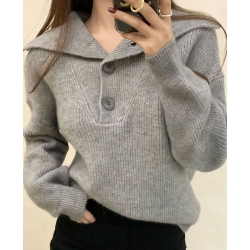 Crescent Ribbed Half Button Pullover Sweater Gray Size M